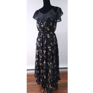 MAURICES Yellow & Black Floral Dot Maxi Dress Sleeveless Full Ruffle Chest Sz XS